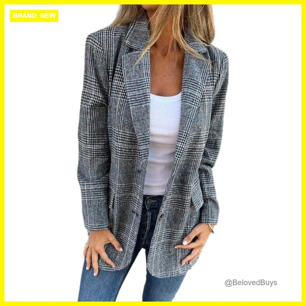 Tweed Blazer Houndstooth Plaid Work Suit Jacket Business Casual